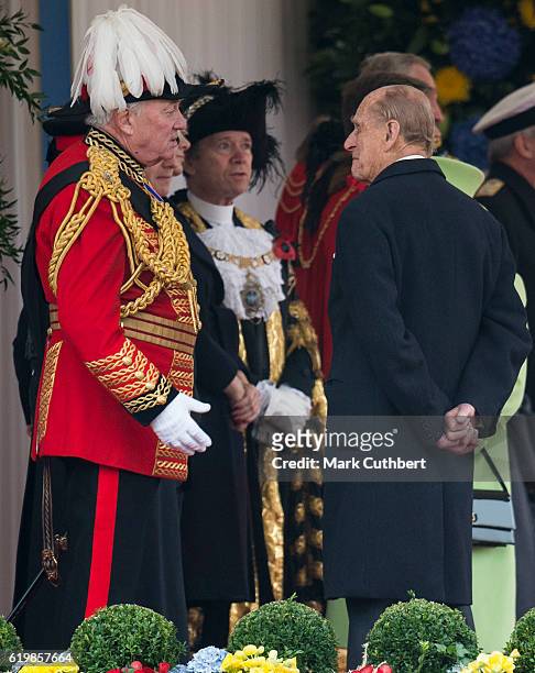 Prince Philip, Duke of Edinburgh talks to Lord Vestey at the Official Ceremonial Welcome for the Colombian State Visit at Horse Guards Parade on...