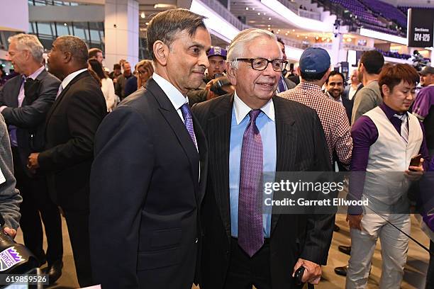 Former NBA Commissioner, David Stern poses for a photo with Owner of the Sacramento Kings, Vivek Ranadive before the game against the San Antonio...