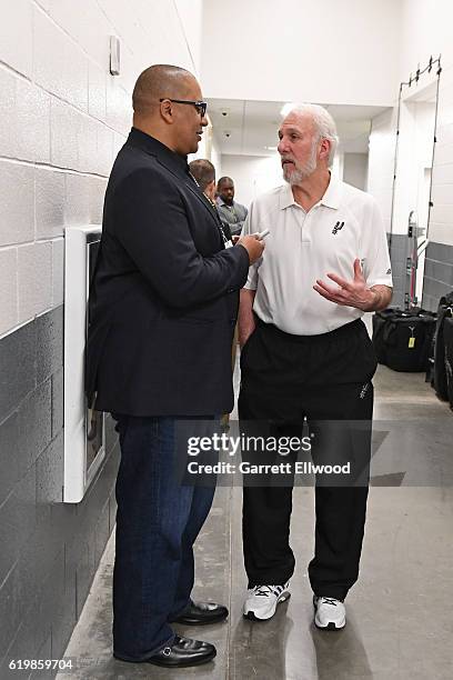 Gregg Popovich of the San Antonio Spurs talks to the media before the game against the Sacramento Kings on October 27, 2016 at the Golden 1 Center in...