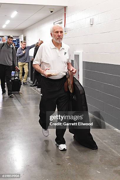 Gregg Popovich of the San Antonio Spurs arrives at the Golden 1 Center before the game against the Sacramento Kings on October 27, 2016 in...