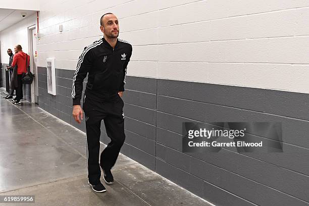 Manu Ginobili of the San Antonio Spurs walks to the court before the game against the Sacramento Kings on October 27, 2016 at the Golden 1 Center in...