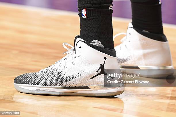 The shoes of Kawhi Leonard of the San Antonio Spurs during the game against the Sacramento Kings on October 27, 2016 at the Golden 1 Center in...