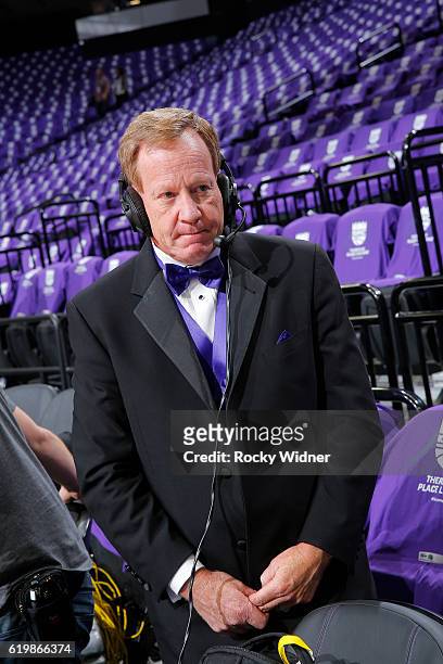 Sacramento Kings broadcaster Grant Napear looks on prior to the game between the San Antonio Spurs and Sacramento Kings on October 27, 2016 at Golden...