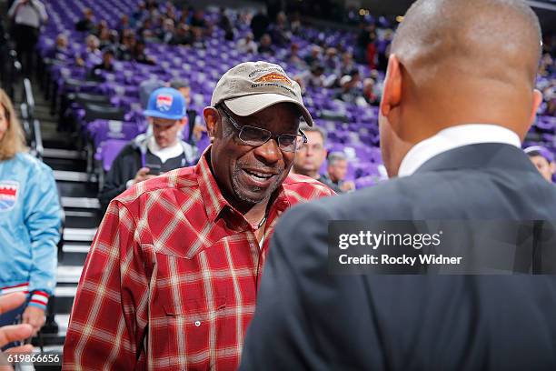 Dusty Baker manager for the Washington Nationals greets Sacramento mayor Kevin Johnson prior to the game between the San Antonio Spurs and Sacramento...