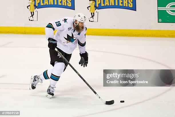 San Jose Sharks center Joe Thornton skates with the puck against the St. Louis Blues during game two of the Western Conference Final of the 2016...