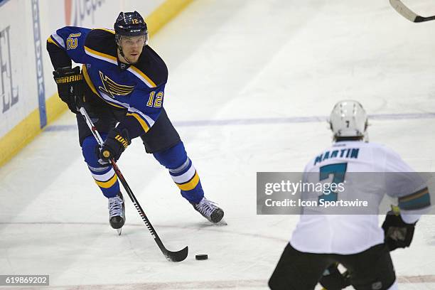 St. Louis Blues center Jori Lehtera brings the puck down ice against the San Jose Sharks during game two of the Western Conference Final of the 2016...