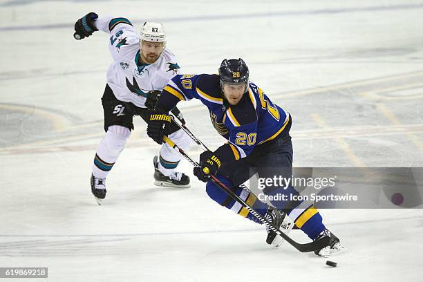St. Louis Blues left wing Alexander Steen brings the puck down ice against the San Jose Sharks during game two of the Western Conference Final of the...