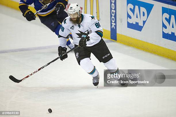 San Jose Sharks defenseman Brent Burns skates with the puck against the St. Louis Blues during game two of the Western Conference Final of the 2016...