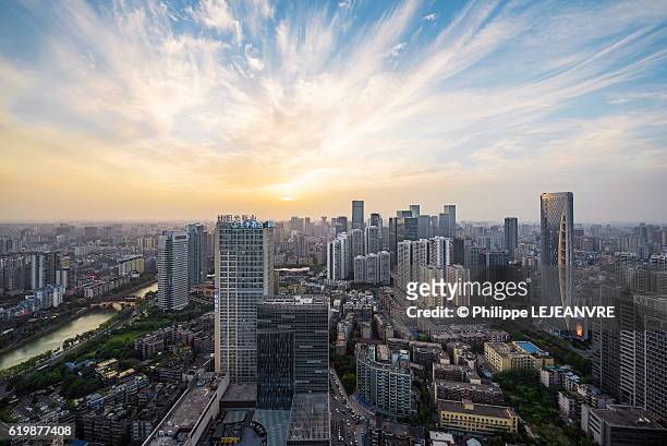 chengdu skyline at sunset - big city stock pictures, royalty-free photos & images