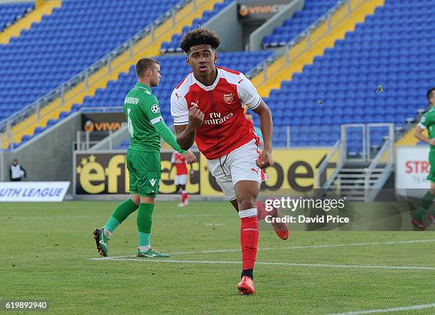 Reiss Nelson celebrates scoring a goal for Arsenal during the match between PFC Ludogorets Ragrad and Arsenal in the UEFA Youth League, at Georgi...