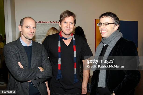 Christian Rattemeyer, Doug Aitken and Douglas Fogle attend Opening Reception for Mary Heilmann: To Be Someone at New Museum on October 20, 2008 in...