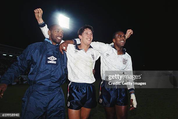 England goalscorer Gary Lineker celebrates with Andy Gray and David Rocastle after qualification for Euro 92' after the European Championships...