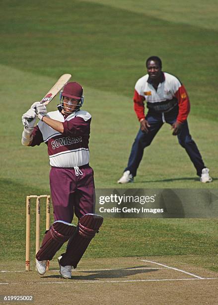 Somerset batsman Marcus Trescothick hits out during a Sunday League match against Gloucestershire at the Counbty Ground on May 7, 1995 in Bristol,...