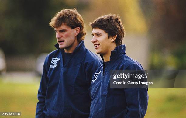 England players Glenn Hoddle and Gary Lineker look on during an England training session circa 1986.