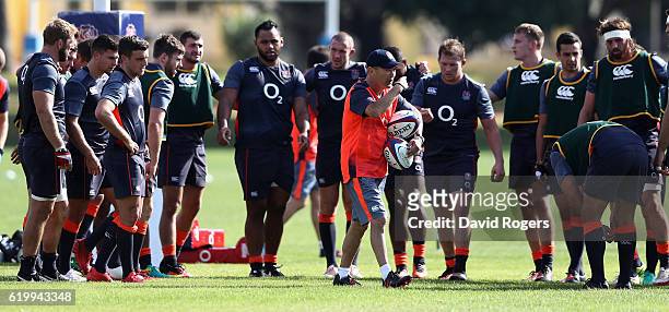 Eddie Jones, the England head coach talks to his squad of players during the England training session held at Brown's Sport Complex on November 1,...