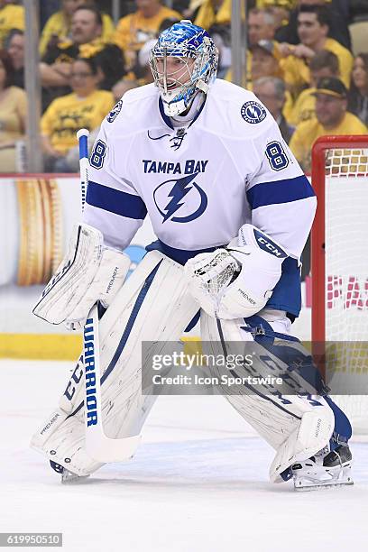 Tampa Bay Lightning goalie Andrei Vasilevskiy tends net after goalie Ben Bishop leaves the game with an apparent injury during the first period. The...