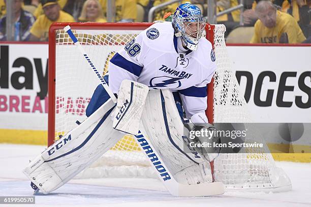 Tampa Bay Lightning goalie Andrei Vasilevskiy tends net during the first period. The Tampa Bay Lightning won 3-1 in Game One of the 2016 NHL Stanley...