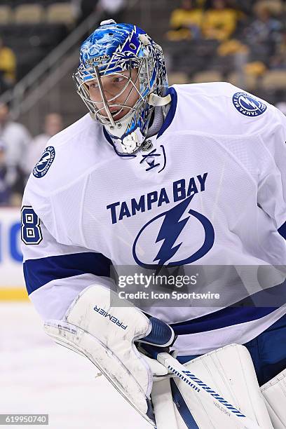 Tampa Bay Lightning goalie Andrei Vasilevskiy on the ice before Game One in the Eastern Conference Finals of the 2016 NHL Stanley Cup Playoffs...