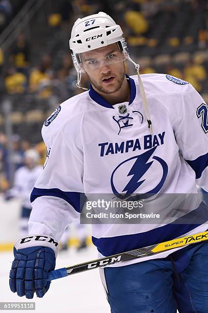 Tampa Bay Lightning left wing Jonathan Drouin on the ice before Game One in the Eastern Conference Finals of the 2016 NHL Stanley Cup Playoffs...