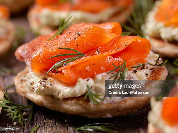 smoked salmon bilini with avocado cream cheese - smoked salmon stock pictures, royalty-free photos & images