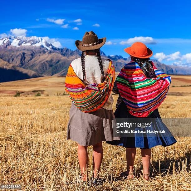 peruvian women in national clothing crossing field, the sacred valley - peruvian culture 個照片及圖片檔