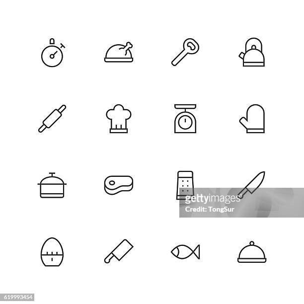 kitchen icons - unique - line series - bird chefs hat stock illustrations