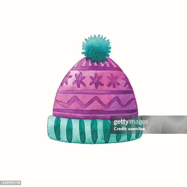 bildbanksillustrationer, clip art samt tecknat material och ikoner med watercolor knit hat - stickad mössa