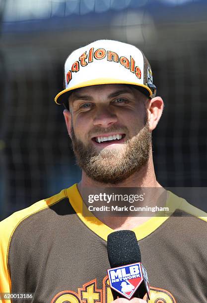 National League All-Star Bryce Harper of the Washington Nationals looks on while giving an interview on MLB Network during the Gatorade All-Star...