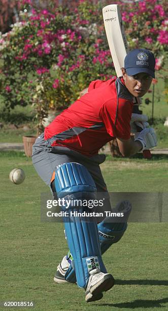 Cricket - Indian Women Cricket Team - India Women cricket teams former captain Anjum Chopra bats during the teams practice session at MCA ground at...