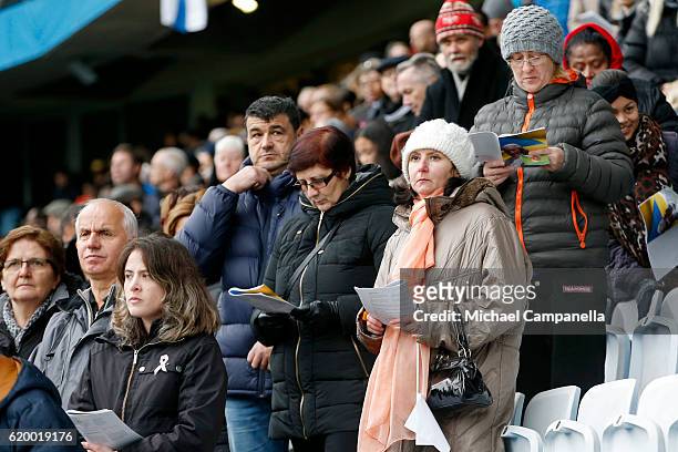 Spectators listen to the Holy Mass with Pope Francis at the Swedbank Stadion on November 1, 2016 in Malmo, Sweden. The Pope is on 2 days visit...