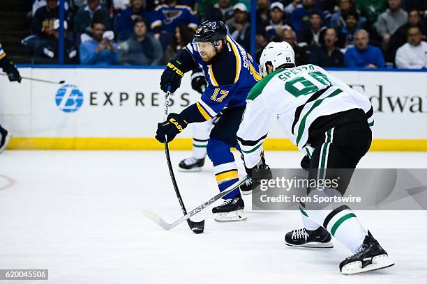 St. Louis Blues left wing Jaden Schwartz takes a shot on goal during the first period of a NHL Western Conference Round 2 - Game 3 Stanley Cup...