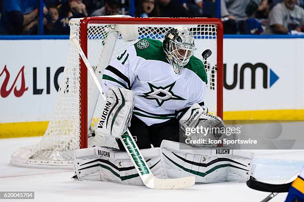 Dallas Stars goalie Antti Niemi makes a shoulder save off during the first period of a NHL Western Conference Round 2 - Game 3 Stanley Cup Playoff...