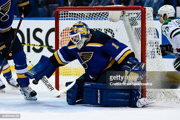 St. Louis Blues goalie Brian Elliott makes a save during the second period of a NHL Western Conference Round 2 - Game 3 Stanley Cup Playoff matchup...