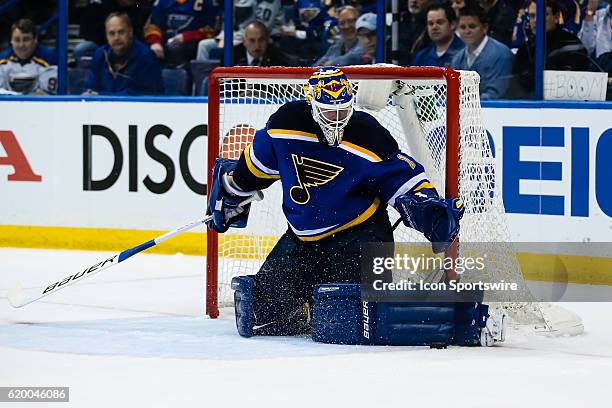 St. Louis Blues goalie Brian Elliott makes a pad save during the second period of a NHL Western Conference Round 2 - Game 3 Stanley Cup Playoff...