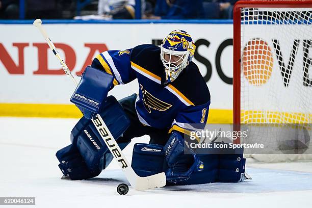 St. Louis Blues goalie Brian Elliott makes a stick save during the second period of a NHL Western Conference Round 2 - Game 3 Stanley Cup Playoff...