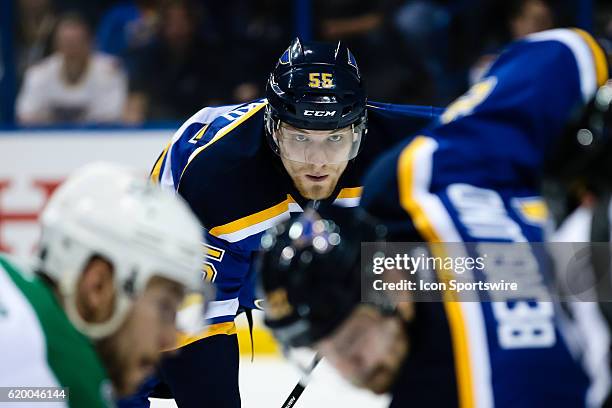 St. Louis Blues defenseman Colton Parayko gets set for a face-off during the second period of a NHL Western Conference Round 2 - Game 3 Stanley Cup...