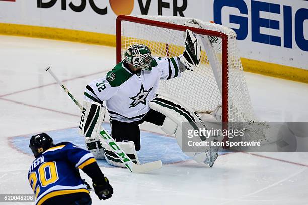 Dallas Stars goalie Kari Lehtonen makes a glove save on a shot by St. Louis Blues left wing Alexander Steen during the third period of a NHL Western...