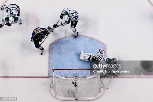 The St. Louis Blues score a goal past Dallas Stars goalie Kari Lehtonen during a NHL Western Conference Round 2 - Game 3 Stanley Cup Playoff matchup...