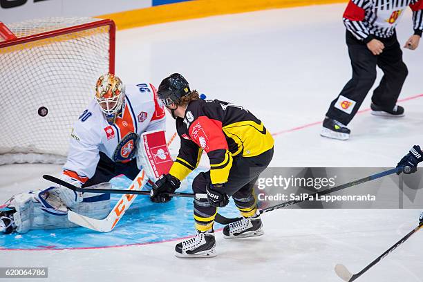 Brock Trotter of Lappeenranta scores 1st goal during the Champions Hockey League Round of 16 match between SaiPa Lappeenranta and Vaxjo Lakers at...