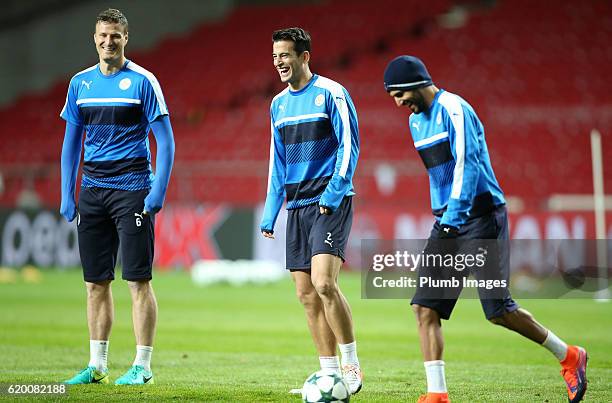 Luis Hernandez, Robert Huth and Riyad Mahrez of Leicester City during the training session at Telia Parken Stadium ahead of the Champions League...