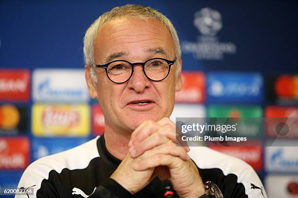 Manager Claudio Ranieri of Leicester City talks to the media at Telia Parken Stadium ahead of the Champions League match between FC Copenhagen and...