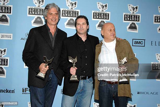 Laurence Mark, Scott Frank and Walter Parkes attend FILM INDEPENDENT'S 2008 SPIRIT AWARDS hosted by IFC - Pressroom at On The Beach on February 23,...