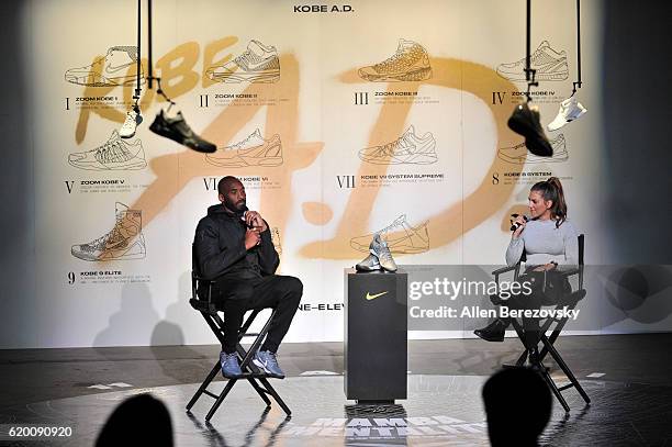 Kobe Bryant speaks with Liz Hernandez during a Kobe A.D. Event at MAMA Gallery on November 1, 2016 in Los Angeles, California.