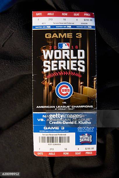 World Series: Closeup view of ticket stub for Chicago Cubs vs Cleveland Indians game at Wrigley Field. Game 3. Chicago, IL CREDIT: David E. Klutho
