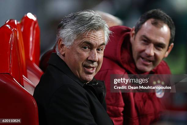 Carlo Ancelotti manager of Bayern Muenchen and assistant Paul Clement look on prior to the UEFA Champions League Group D match between PSV Eindhoven...