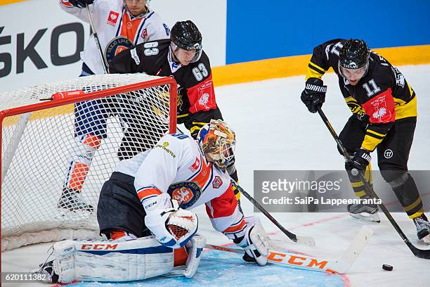 Tomi Leivo of Lappeenranta scores winning goal during the Champions Hockey League Round of 16 match between SaiPa Lappeenranta and Vaxjo Lakers at...