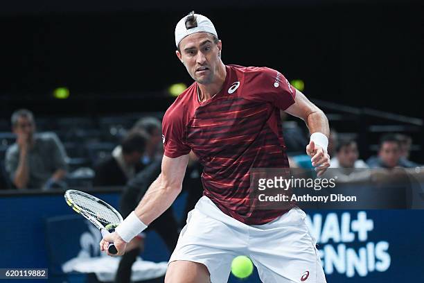 Steve Johnson during the Mens Singles secound round match on day two of the BNP Paribas Masters at Hotel Accor Arena Bercy on November 1, 2016 in...