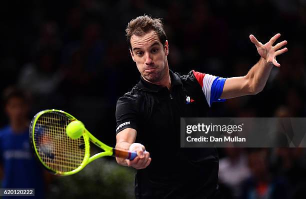 Richard Gasquet of France plays a forehand against Steve Johnson of the United States during the Mens Singles second round match on day two of the...