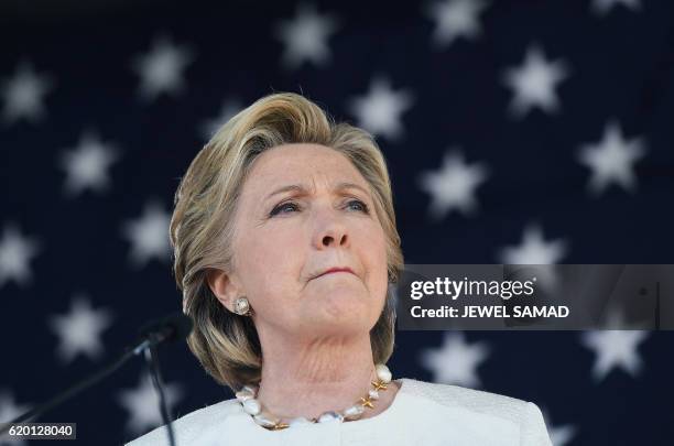 Democratic presidential nominee Hillary Clinton speaks during a campaign rally at the Pasco-Hernando State College in Dade City, Florida, on November...