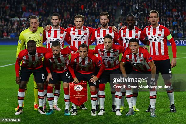 Eindhoven players line up prior to the UEFA Champions League Group D match between PSV Eindhoven and FC Bayern Muenchen at Philips Stadion on...